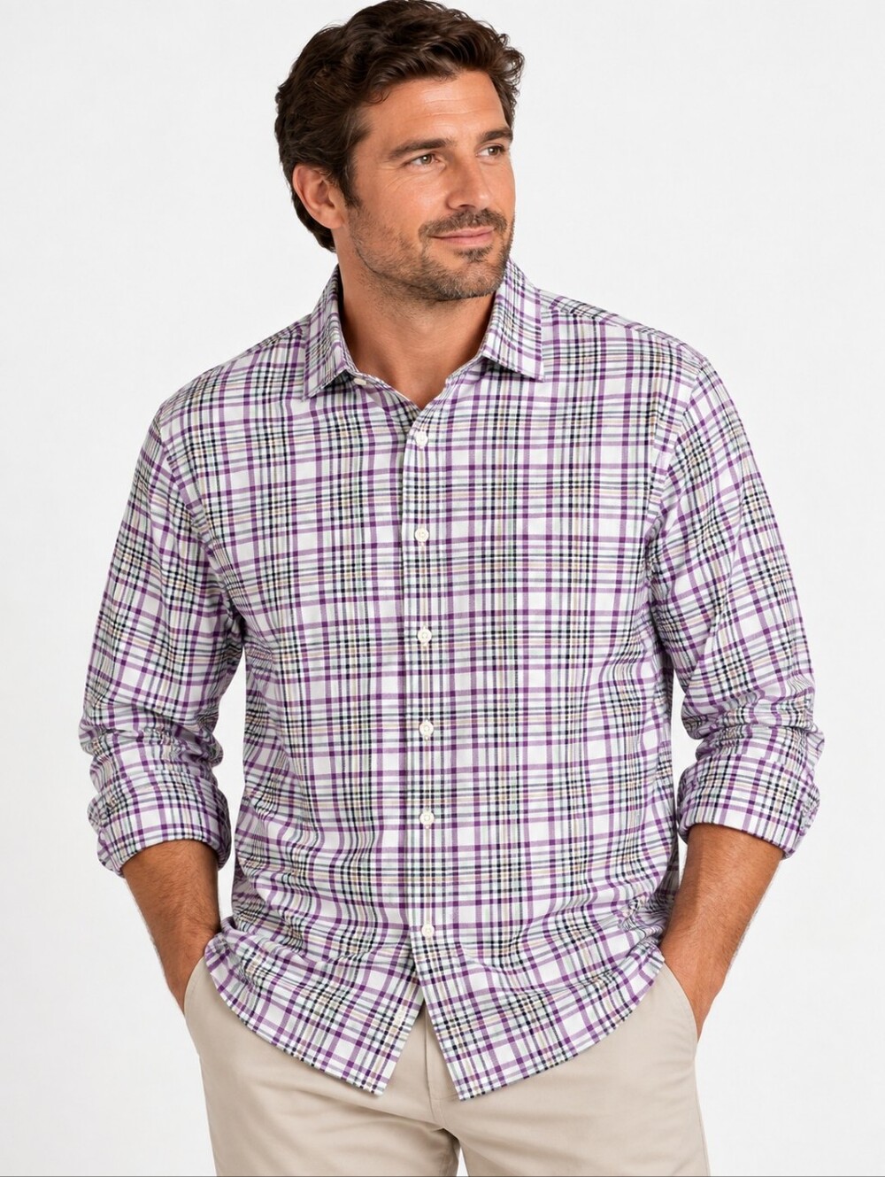Peter Millar Plaid Cotton Button Up Shirt Purple White Men’s XL Preppy Golf